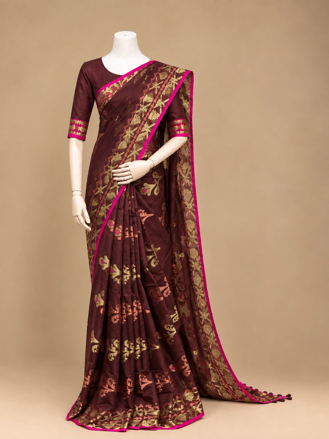 Wine Maroon Gold Jamdani Motif Saree