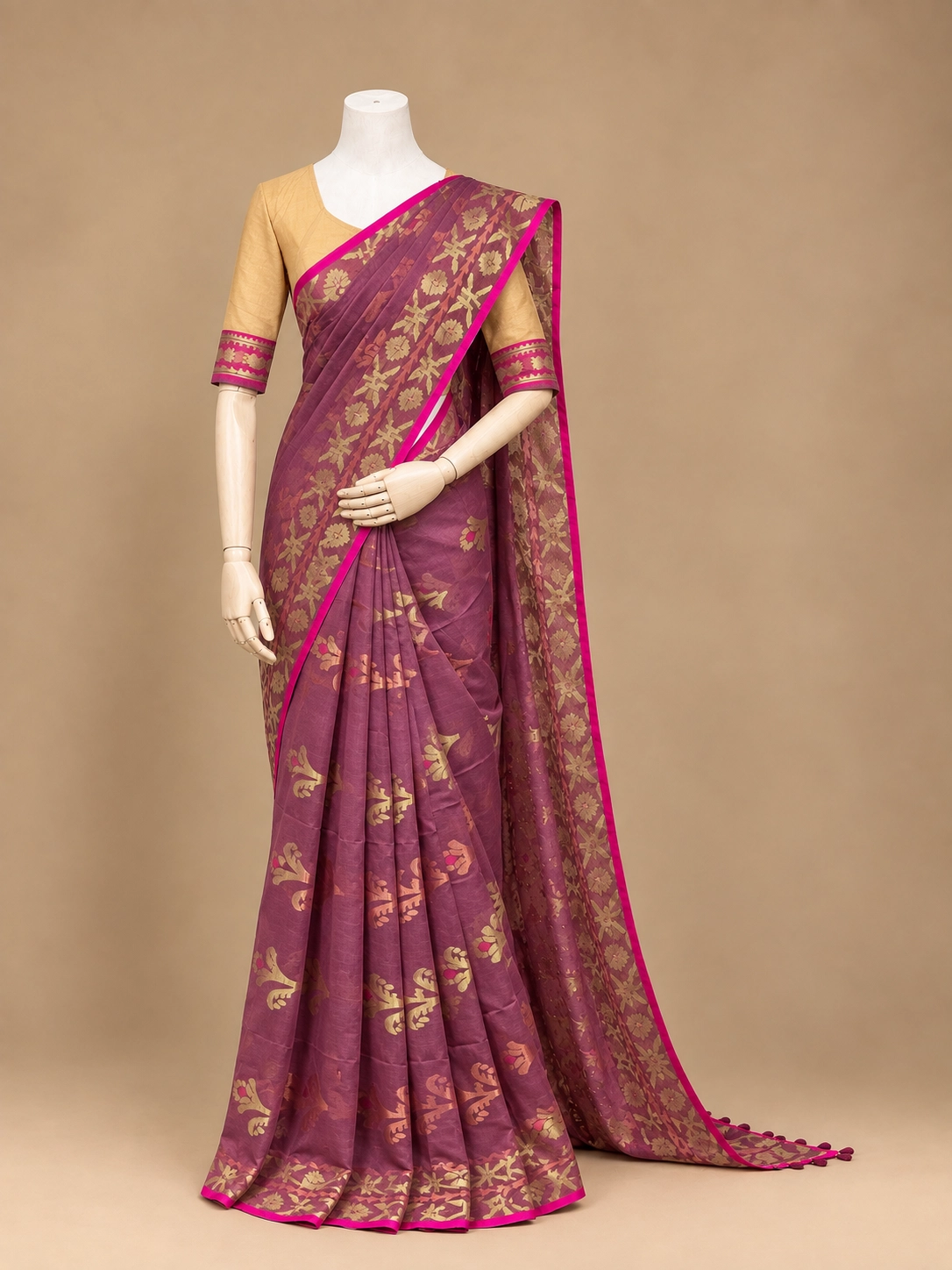Mauve Purple Jamdani   Motifs Saree with Golden & Magenta Border