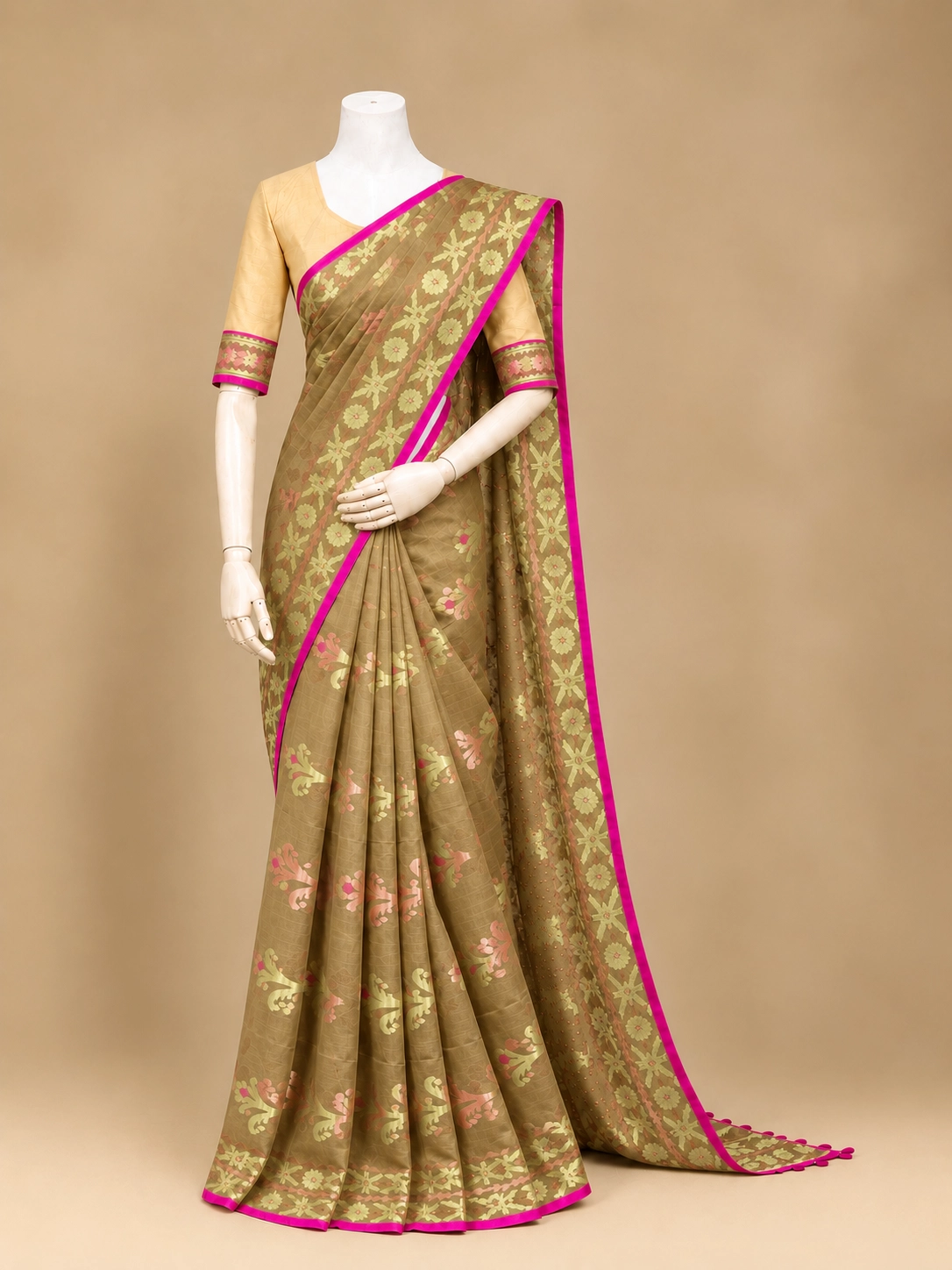Olive Khaki Jamdani Motif Saree with Golden & Magenta Border