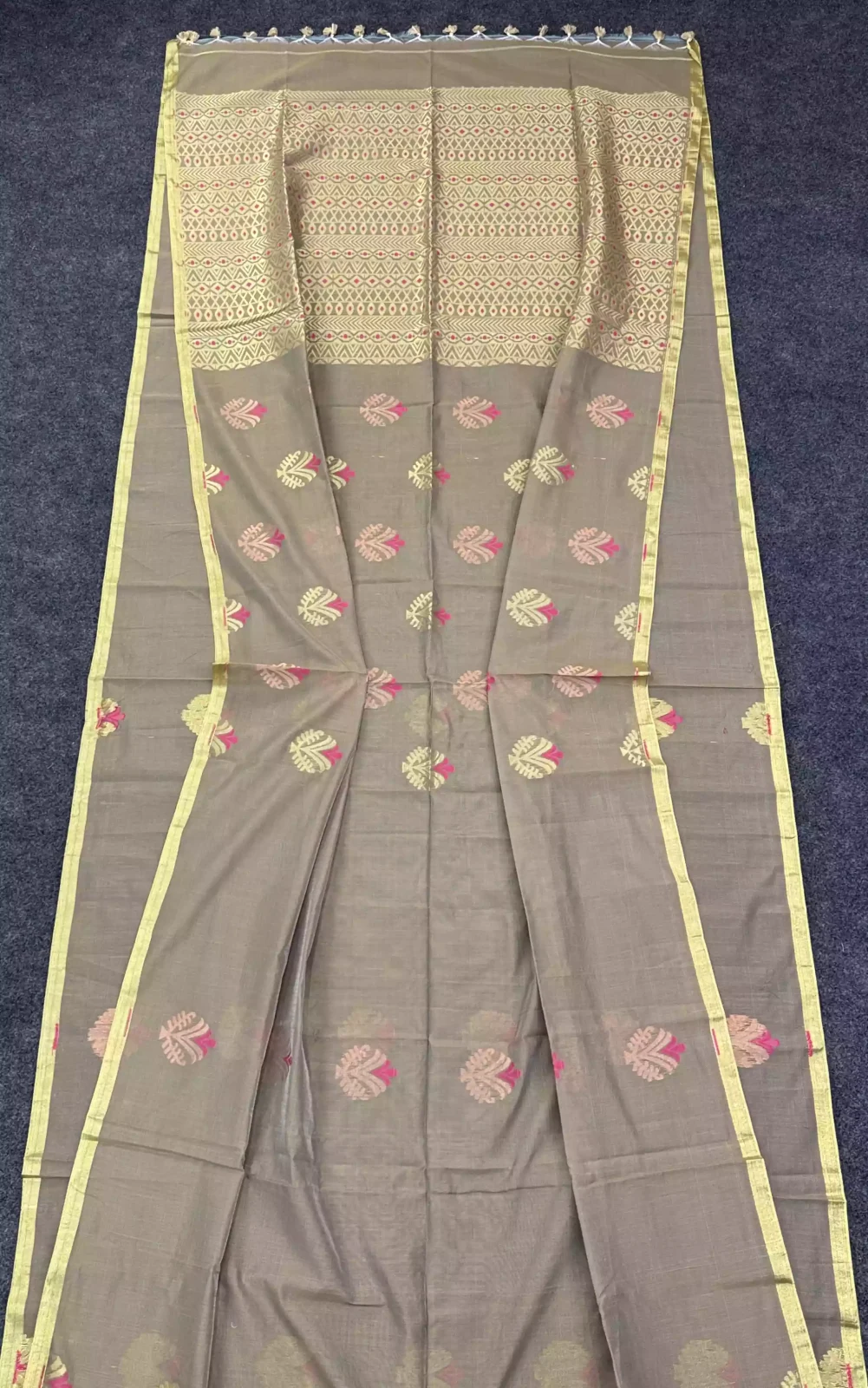 Elegant Taupe Grey Premium Jamdani Motif Saree