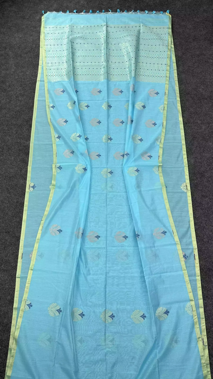Blue & Lime Green Floral Jamdani Motif Saree