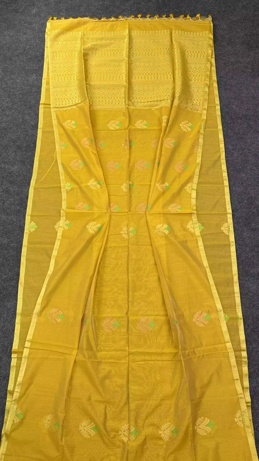 Mustard Yellow & Lime Green Floral Jamdani Motif Saree
