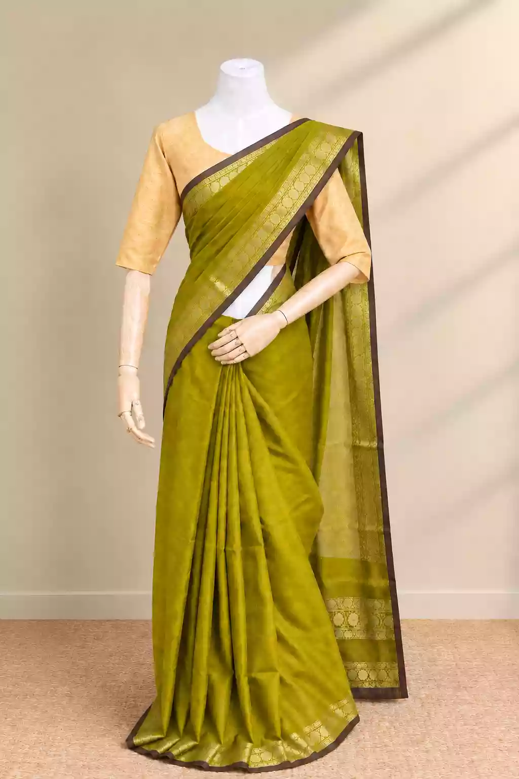Olive Green & Antique Gold Handloom Cotton Gadwal Saree