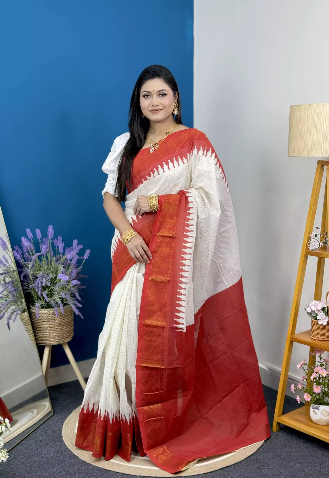 White Red & Golden Border Madurai Pure Cotton Saree