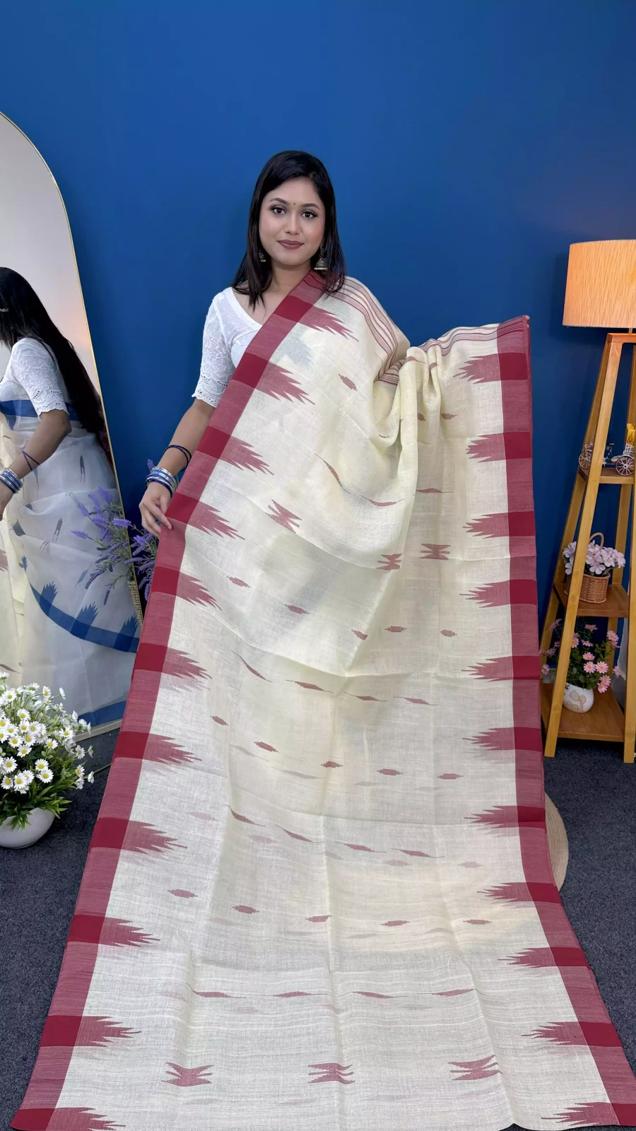 Cream & Maroon Manipuri Saree