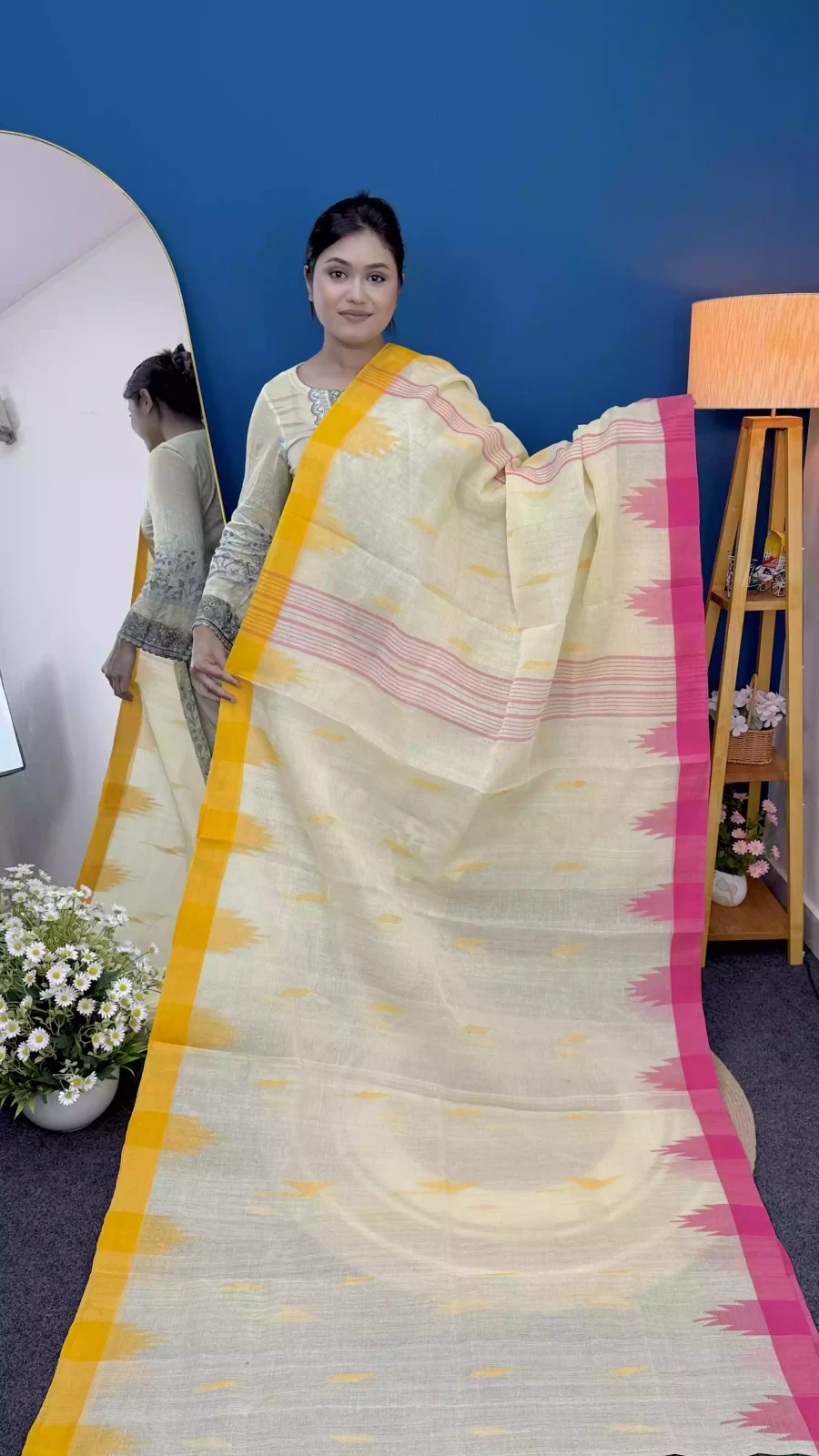 Cream Yellow & Pink Manipuri Saree