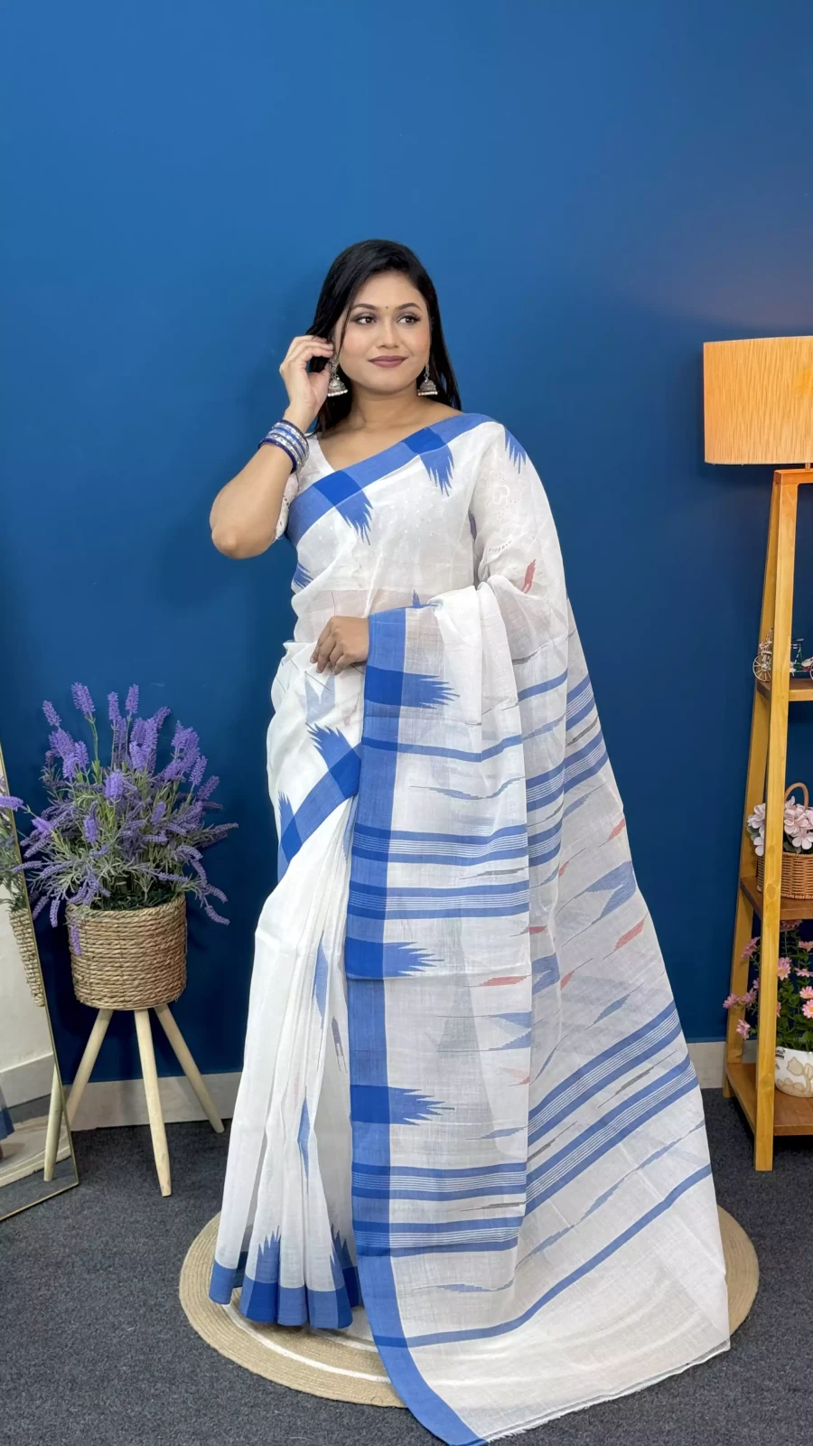 White & Royal Blue Manipuri Saree