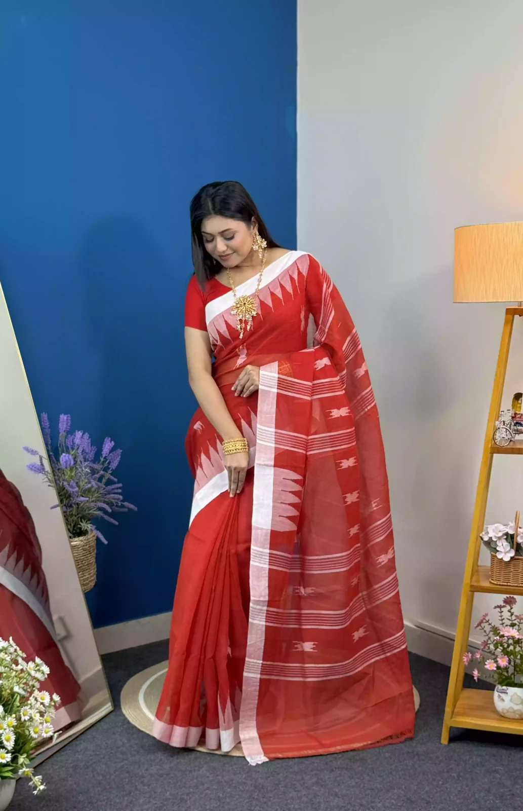 Puja Special Red & White Sylheti Shiuli Monipuri Saree