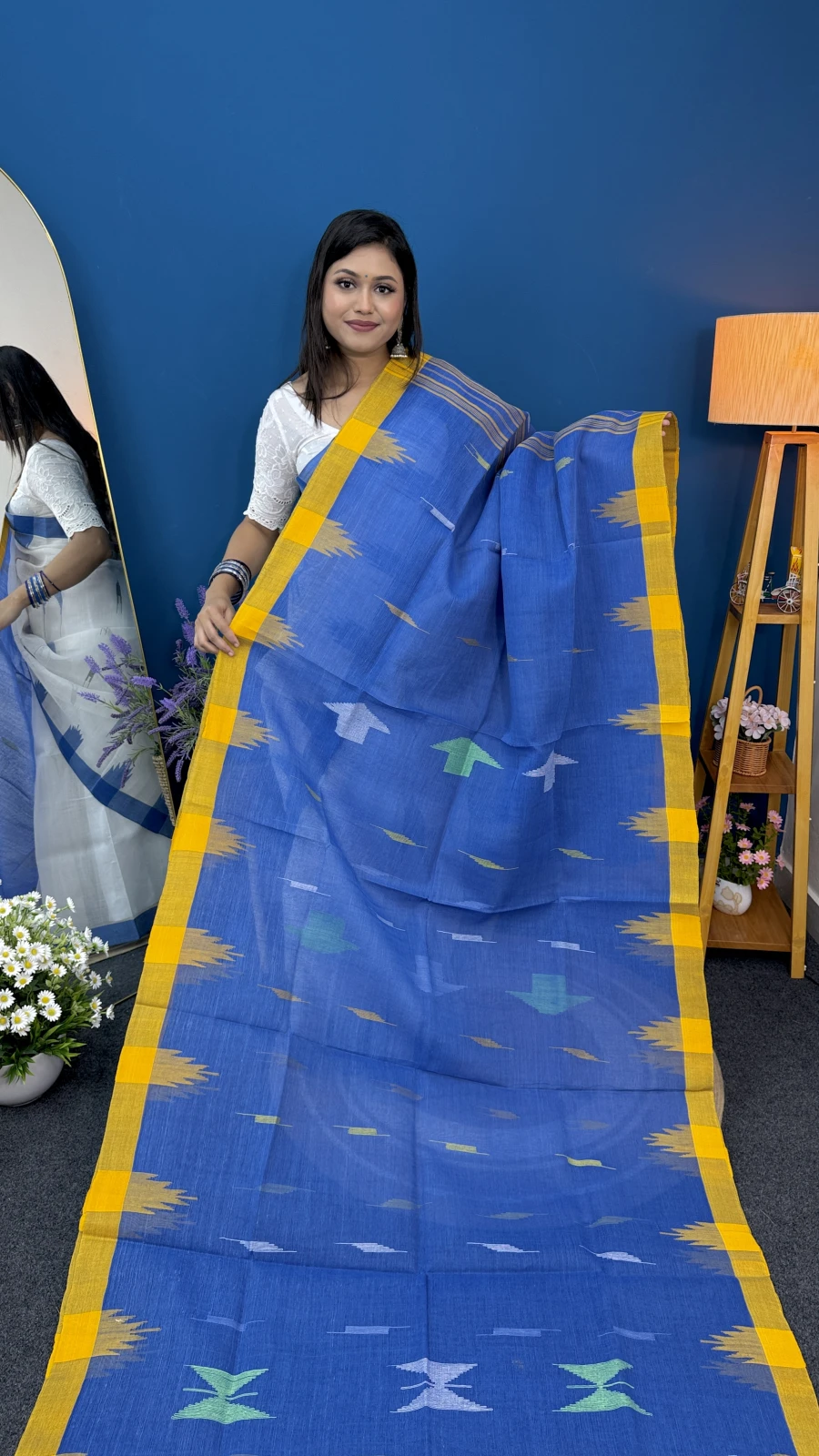 Royal Blue with Yellow Border Manipuri Saree