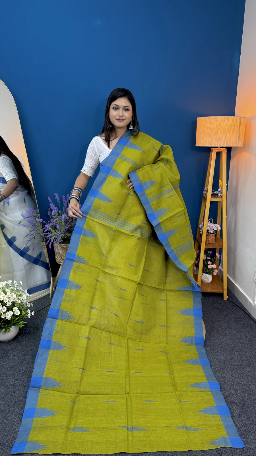 Olive Green with Sky Blue Border Manipuri Saree