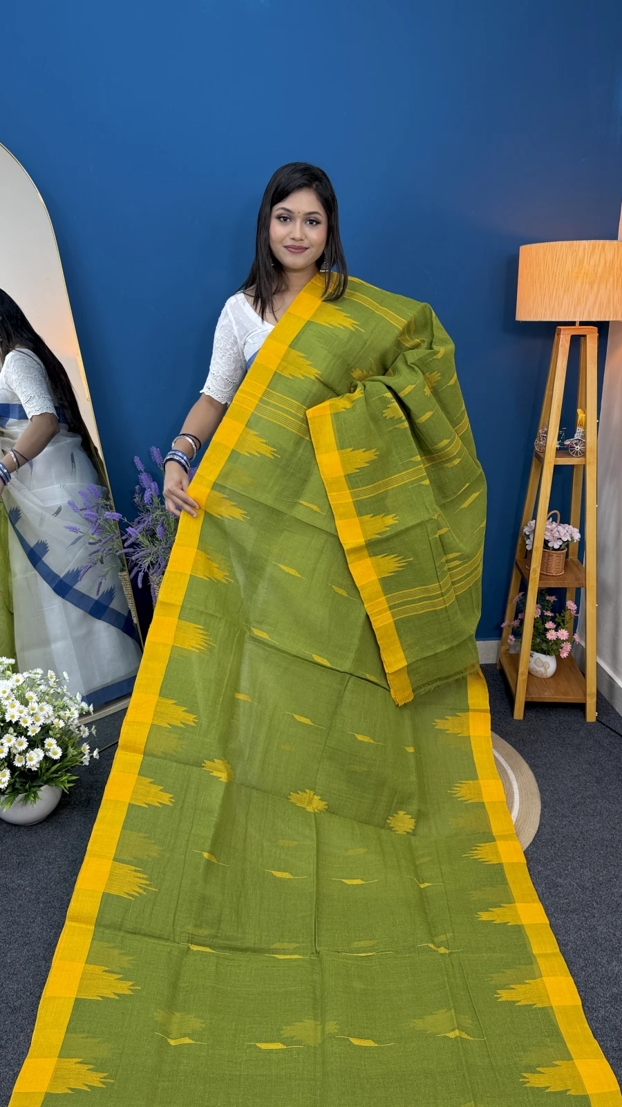 Olive Green and yellow border Monipuri Saree