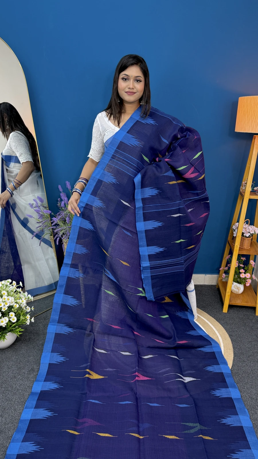 Navy Blue with Cyan Border Manipuri Saree