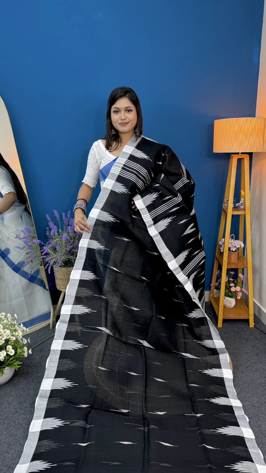 Black with White Border Manipuri Saree