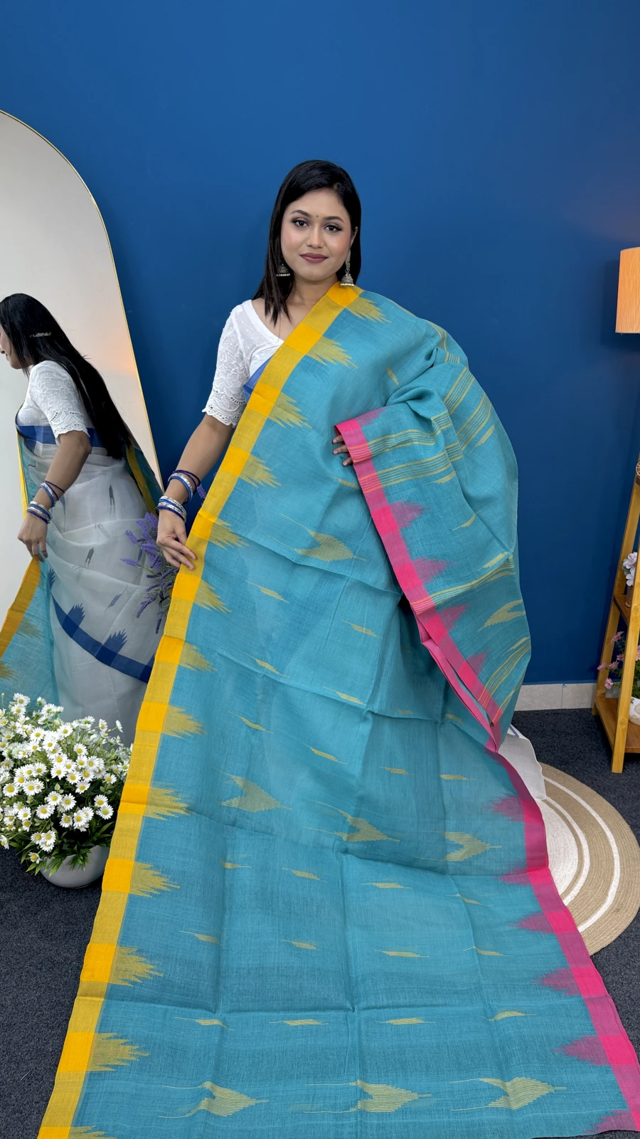 Sky Blue with Yellow & Magenta Pink Border Manipuri Saree