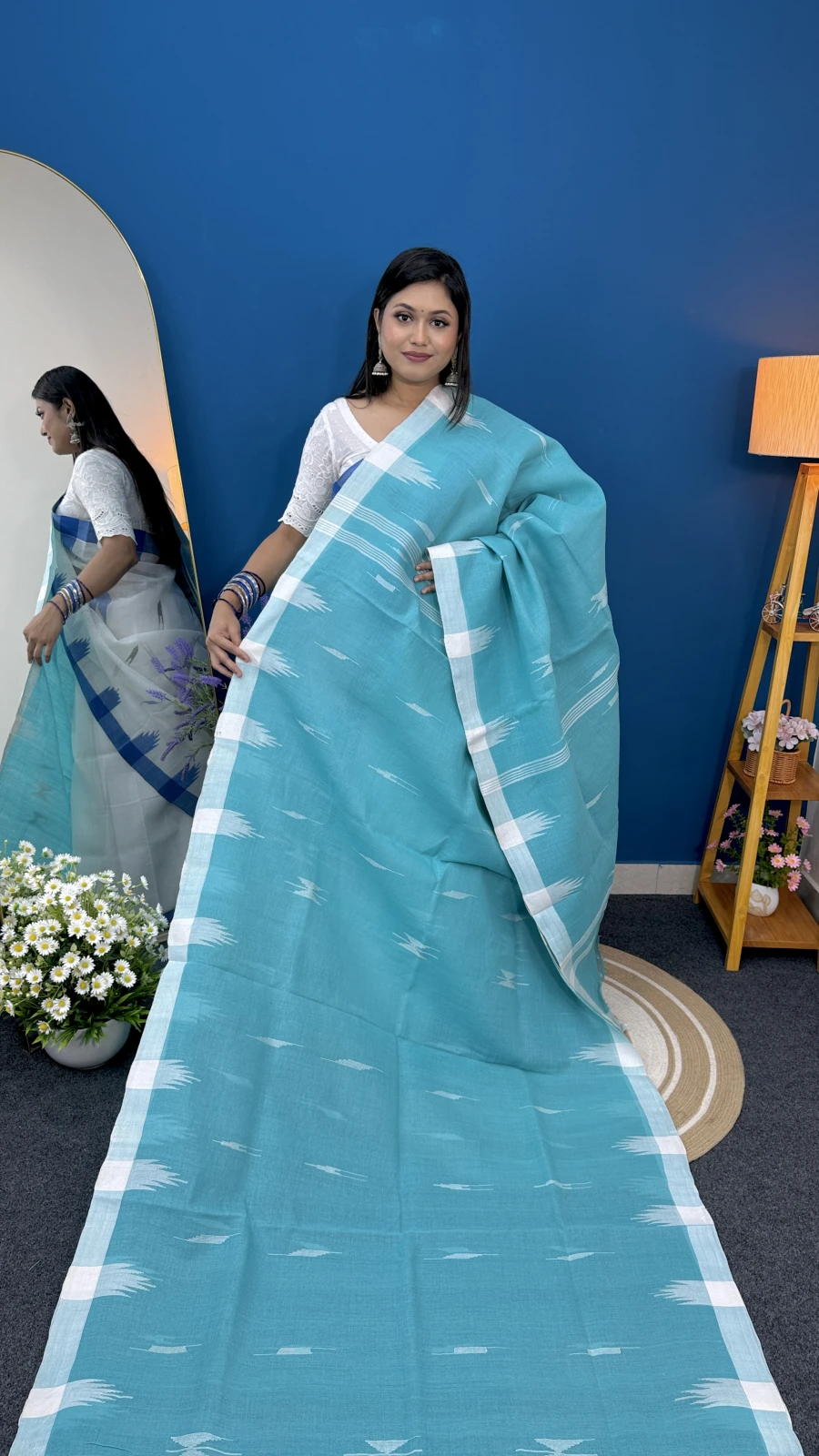 Sea Green with White Border Manipuri Saree