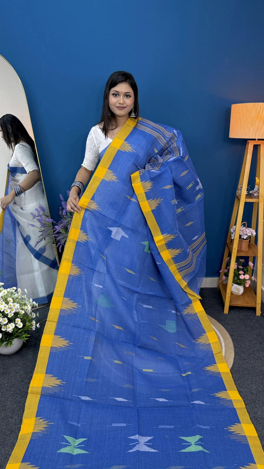 Royal Blue with Mustard Yellow Border Manipuri Saree