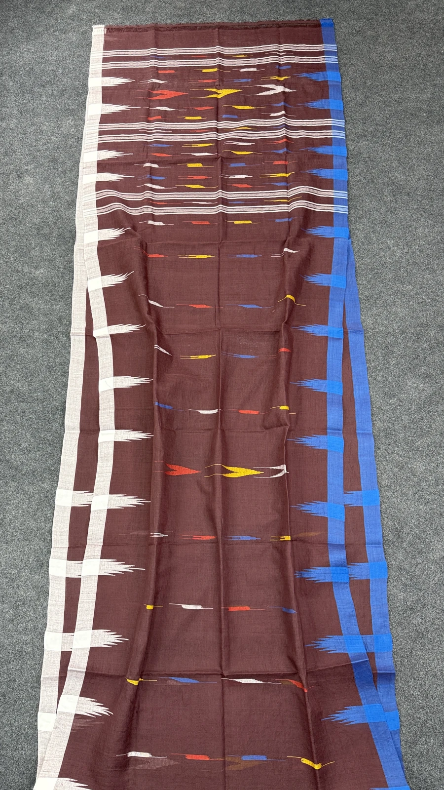 Chocolate Brown with Off-White & Royal Blue Border Manipuri Saree