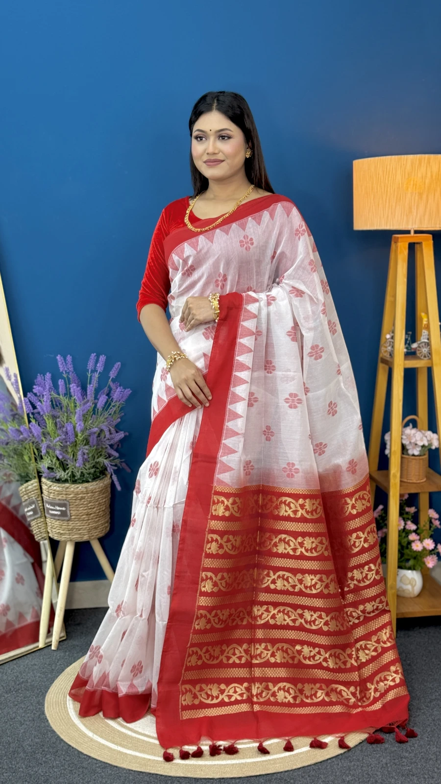 Puja Special White & Red Half Silk Saree