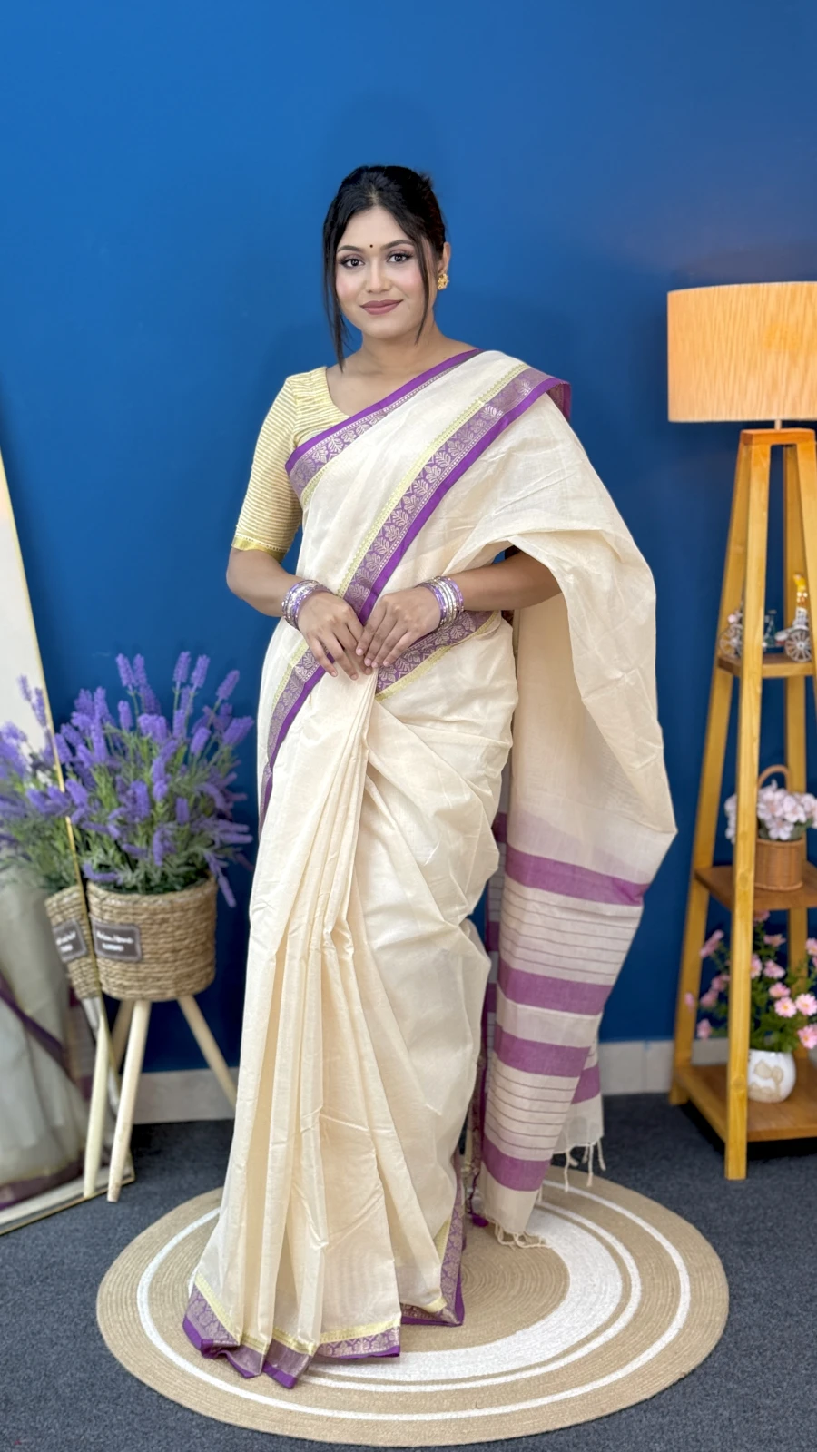 Off-White with Purple Border Aarong Cotton Saree