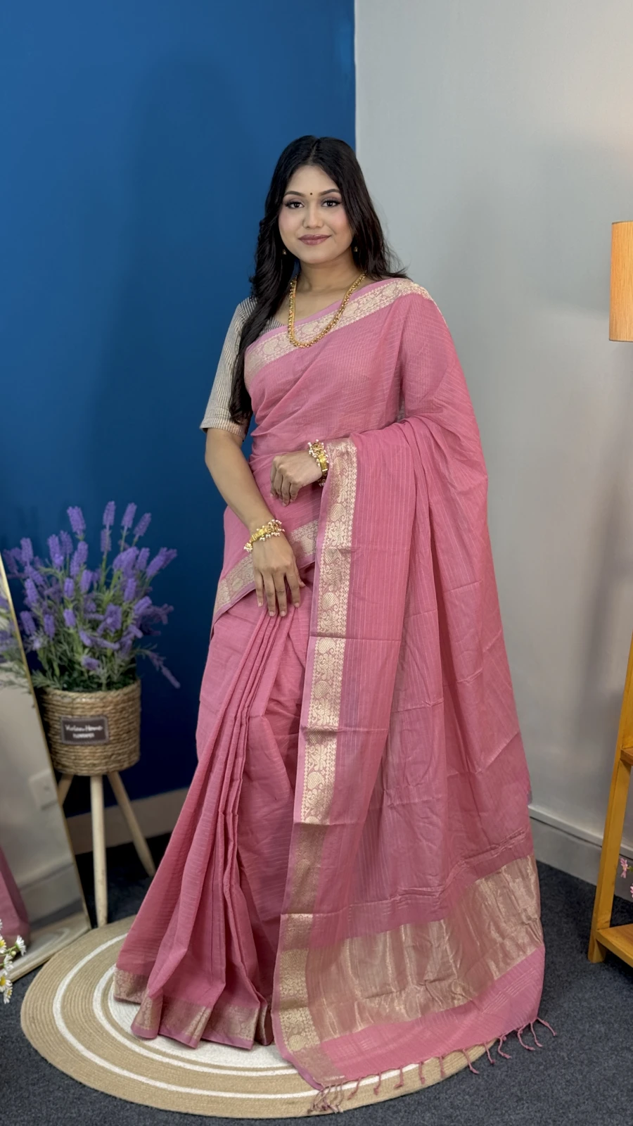 Dusty Pink & Antique Gold Arong Cotton Saree