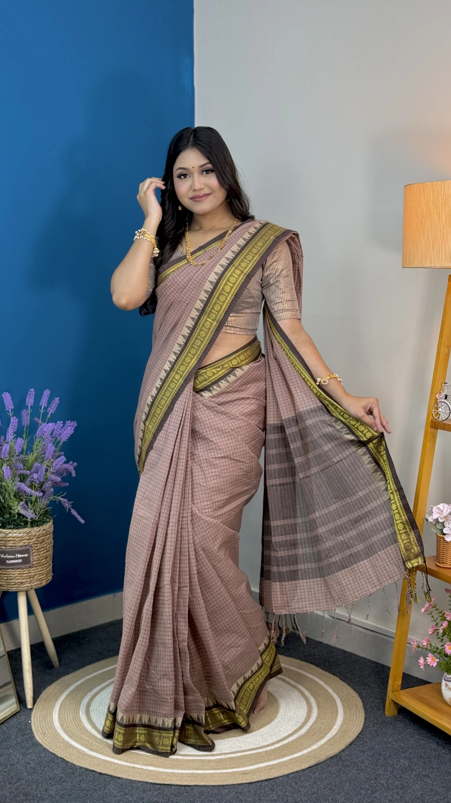 Mauve Brown & Black Arong Cotton Saree