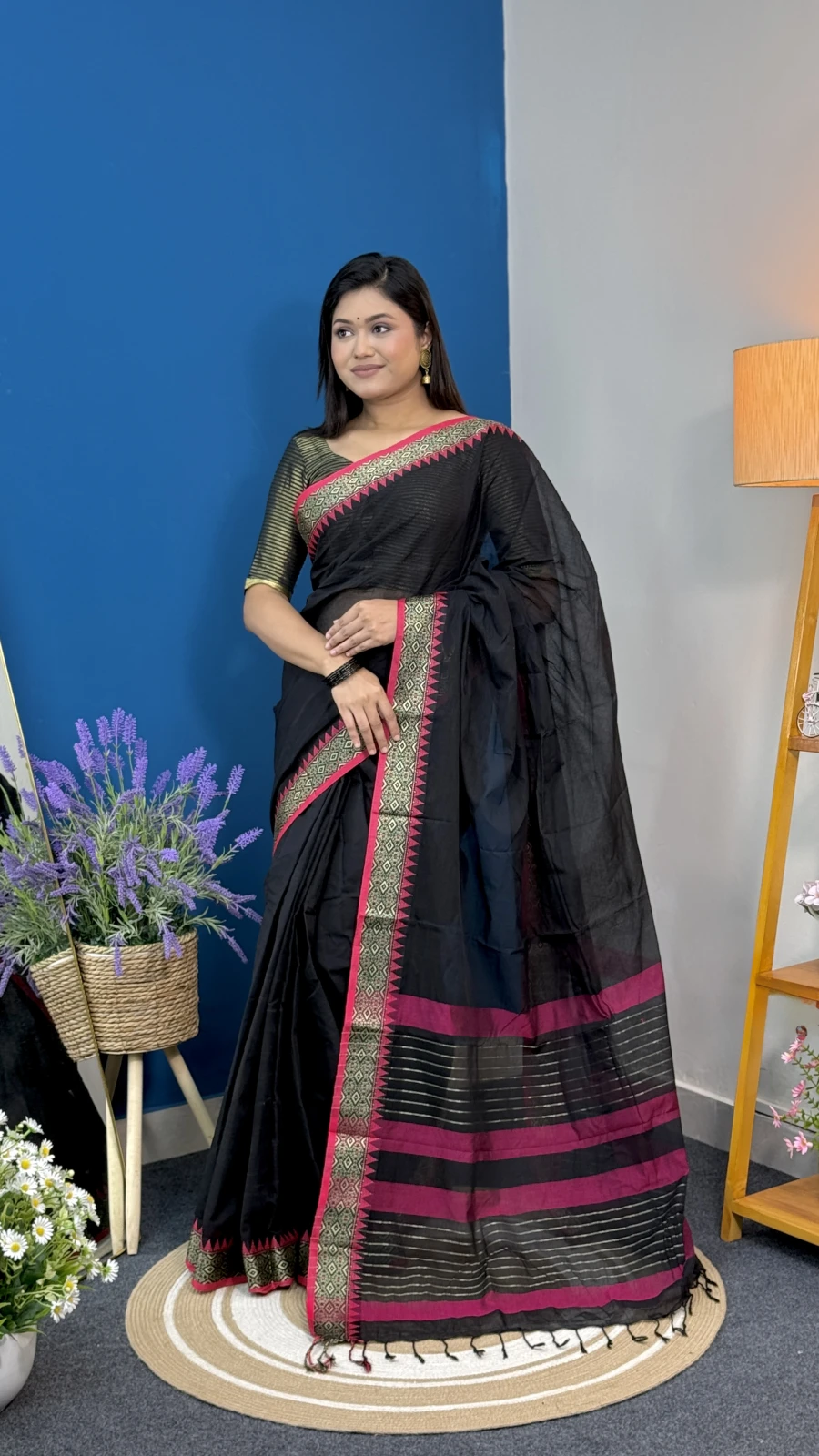Black with Magenta & Golden Zari Aarong Cotton Saree