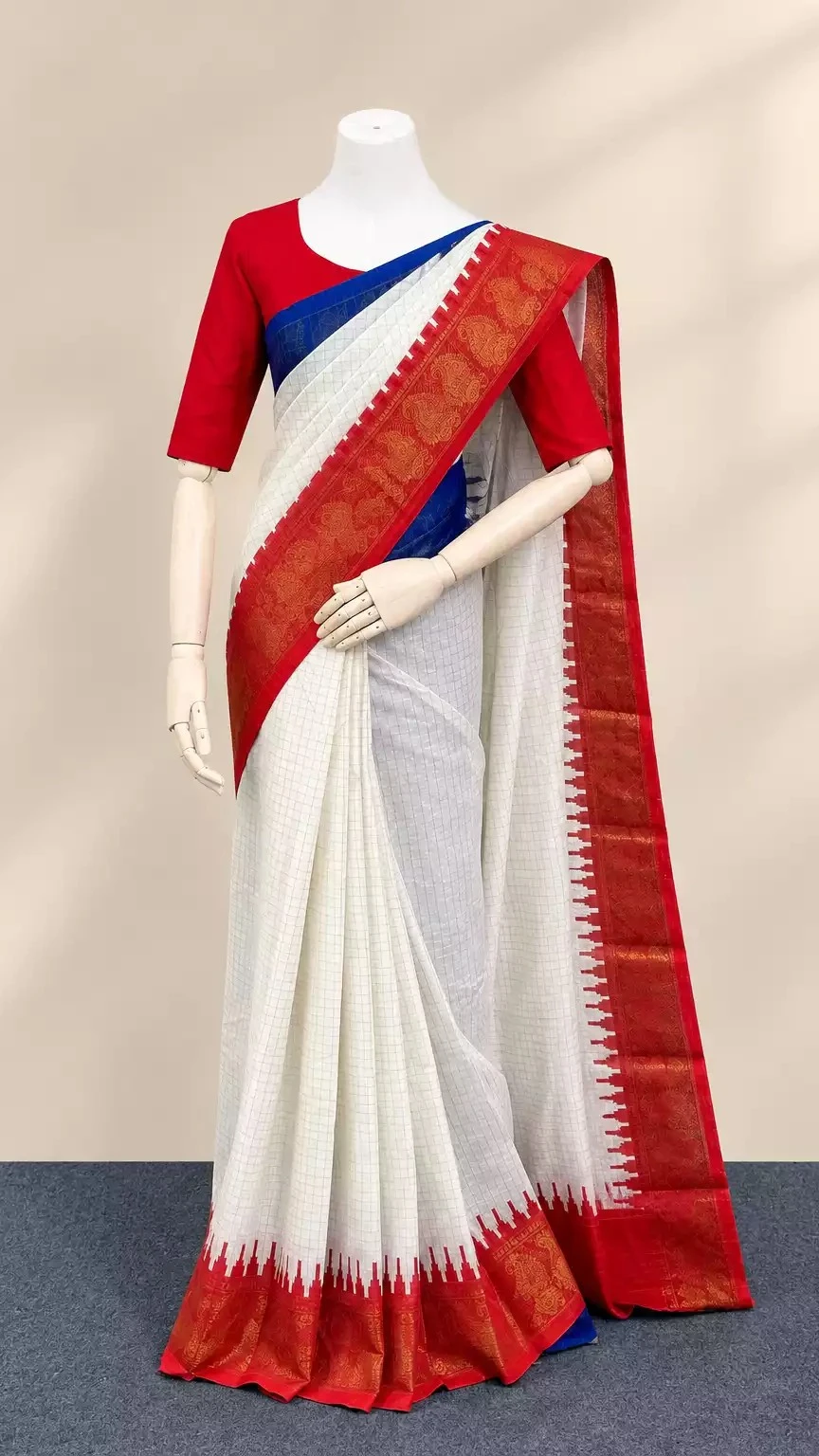 Red & Blue Border Madurai Pure Cotton Saree