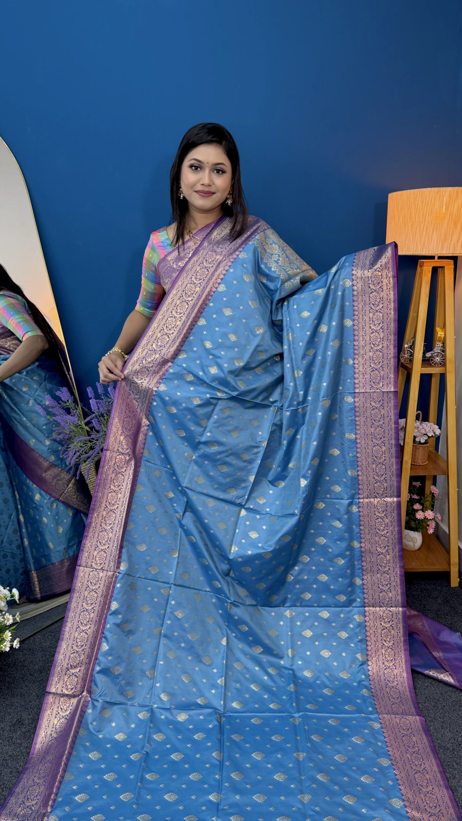 Ocean-Blue Katan Saree (Purple & Gold Border)