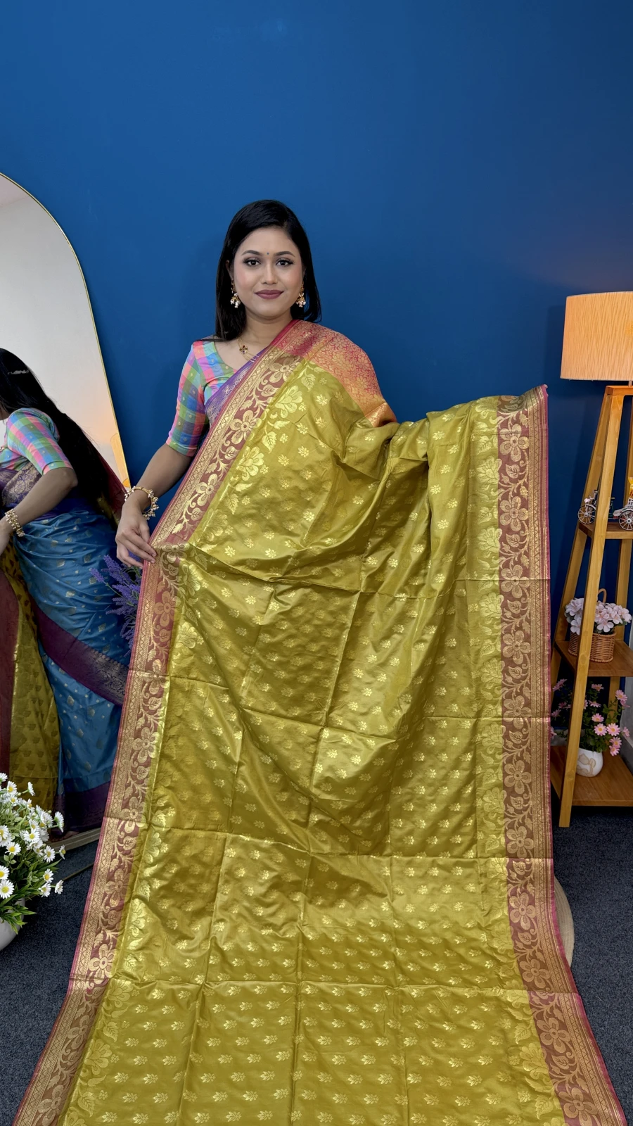 Olive-Gold Katan Saree (Pink & Gold Border)