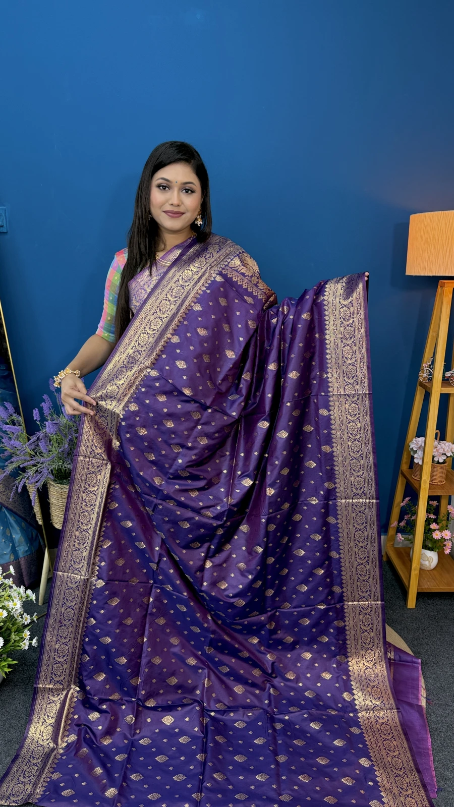 Royal-Purple Katan Saree (Gold Border)