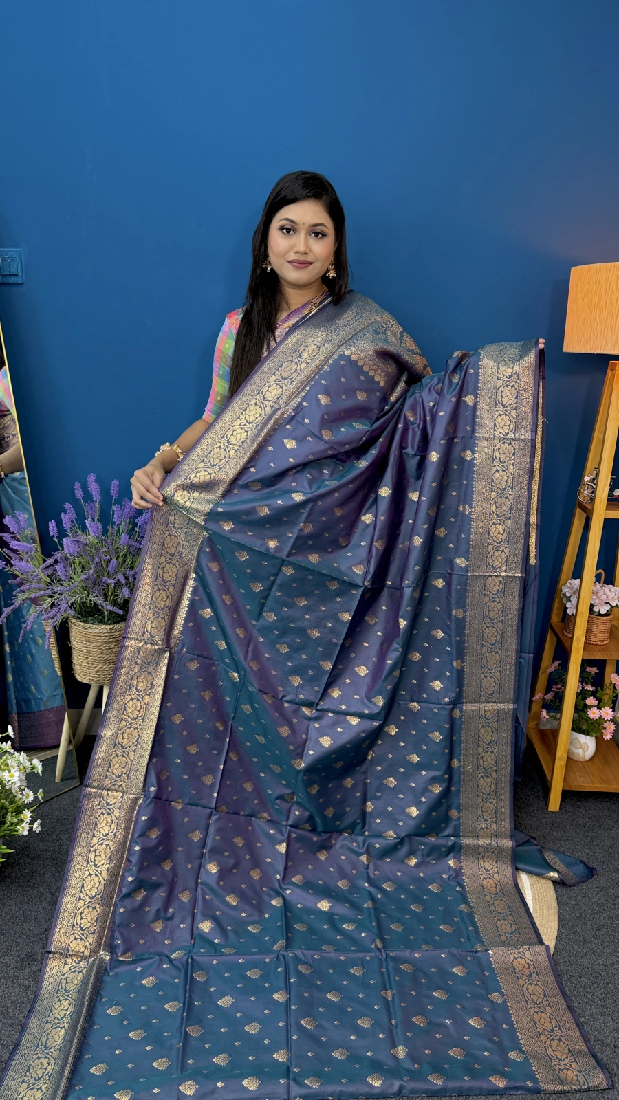 Steel-Blue Katan Saree (Antique Gold Border)