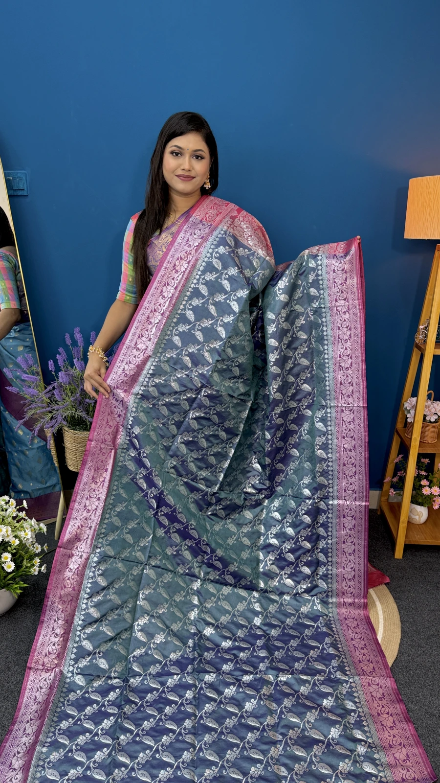 Slate-Blue Katan Saree (Pink & Silver Border)