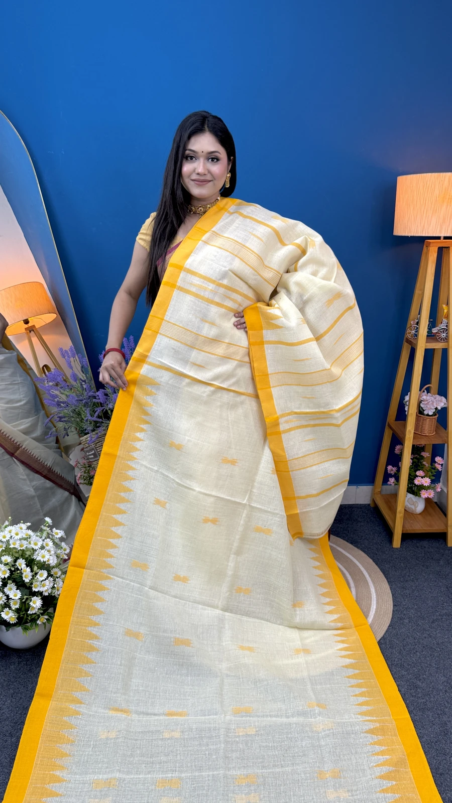 Off-White & Yellow Border Shiuly Manipuri Saree