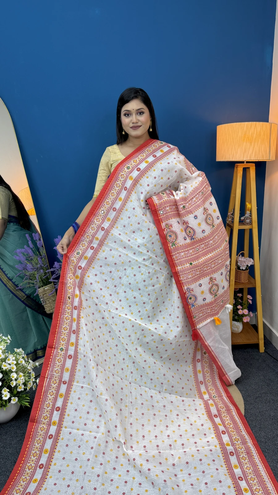 Off-White Mirror Work Printed Cotton Saree