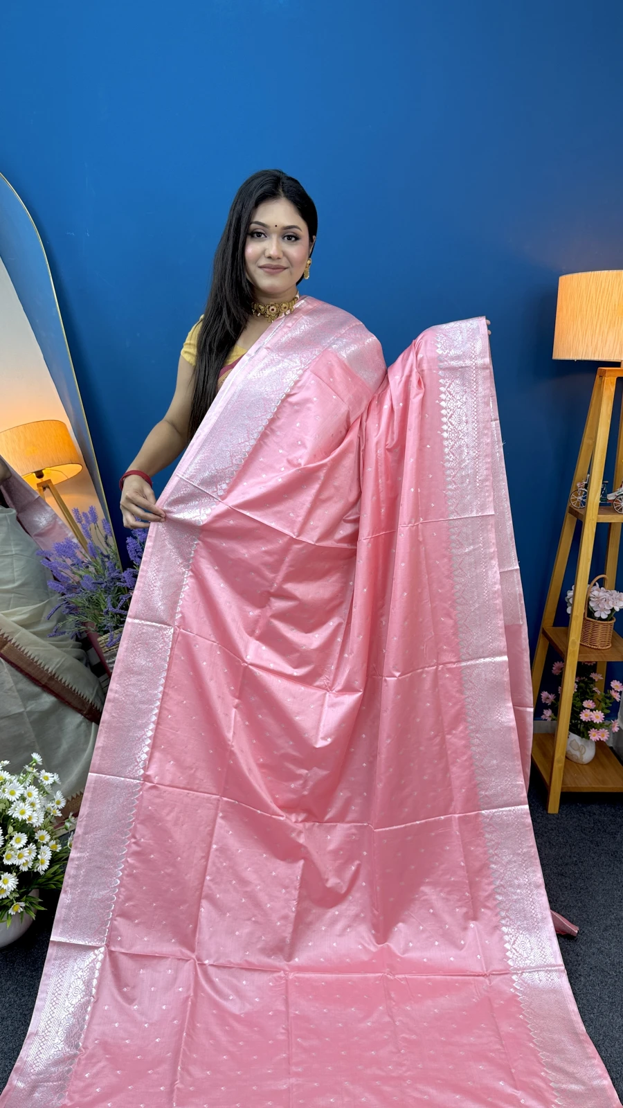 Peach Pink Katan Saree with Silver Zari