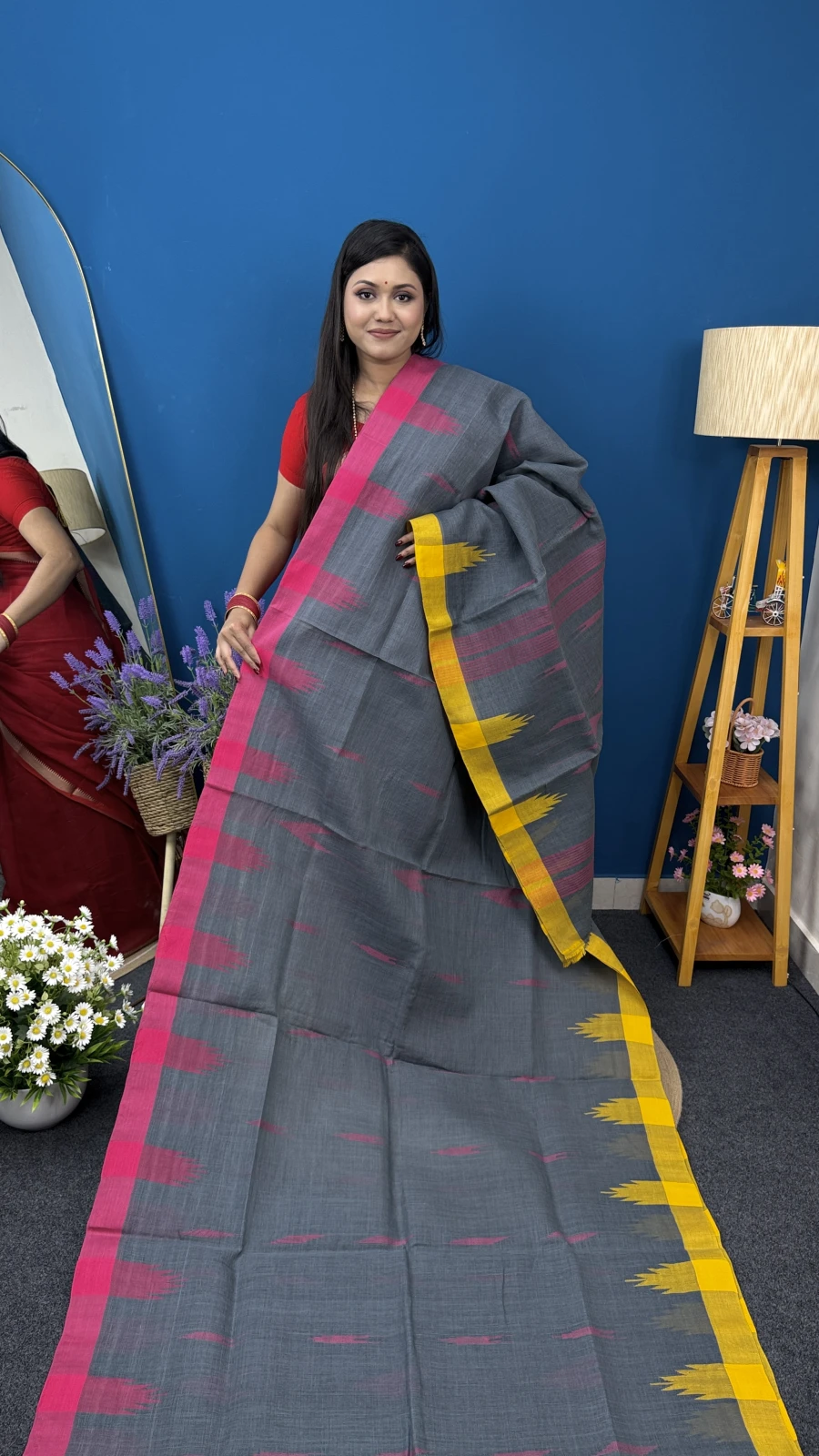 Grey with Pink & Yellow Sylheti Manipuri Saree