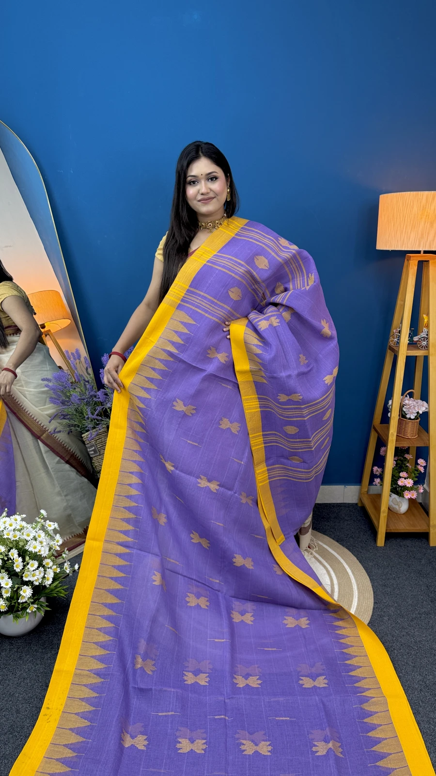 Lavender & Yellow Border Shiuly Manipuri Saree