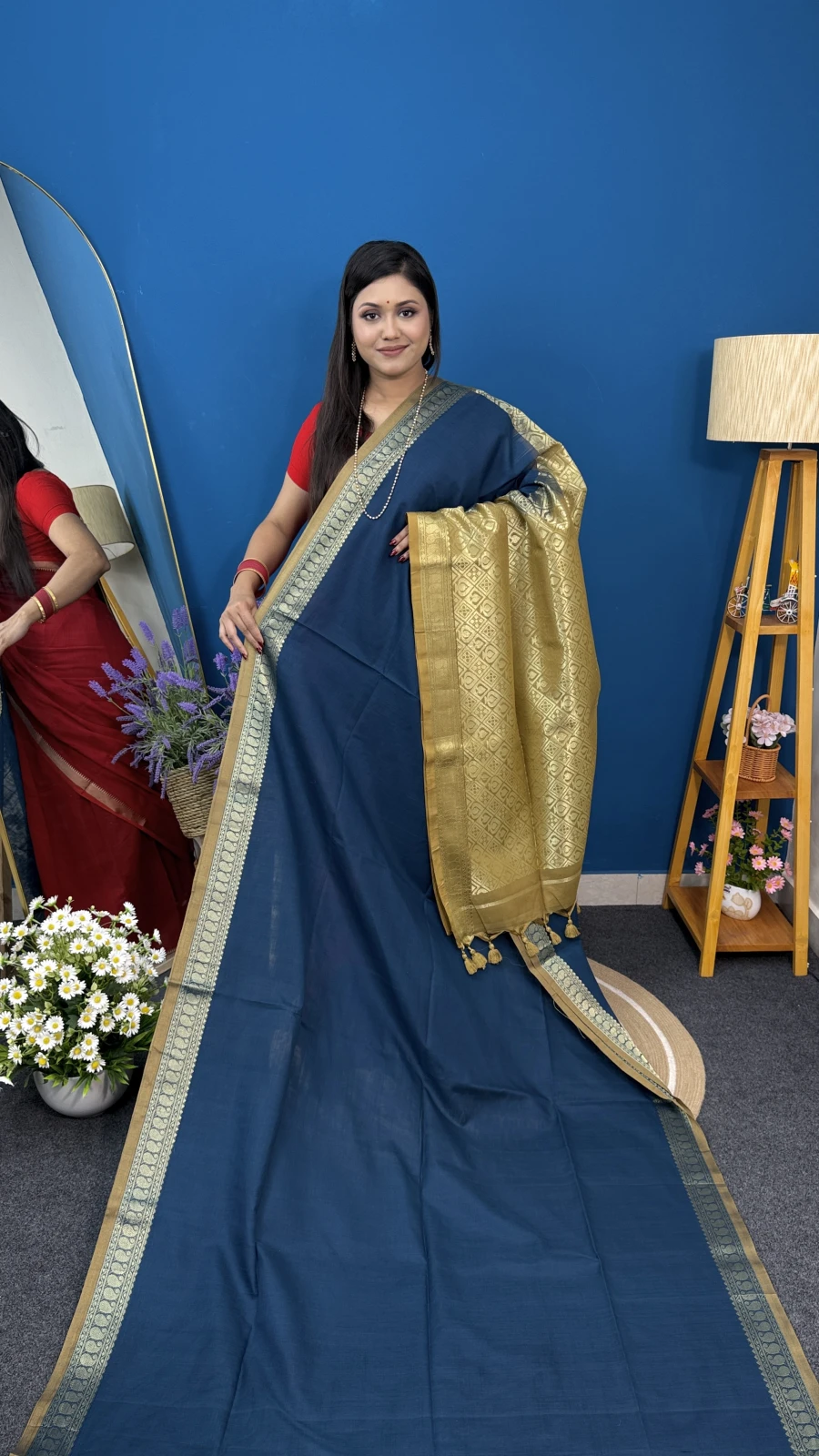 Teal Blue Handloom  Cotton Gadwal Saree